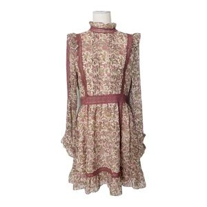 TOPSHOP Floral Ruffle Pink Long Sleeve High Neck Crochet Tea Dress